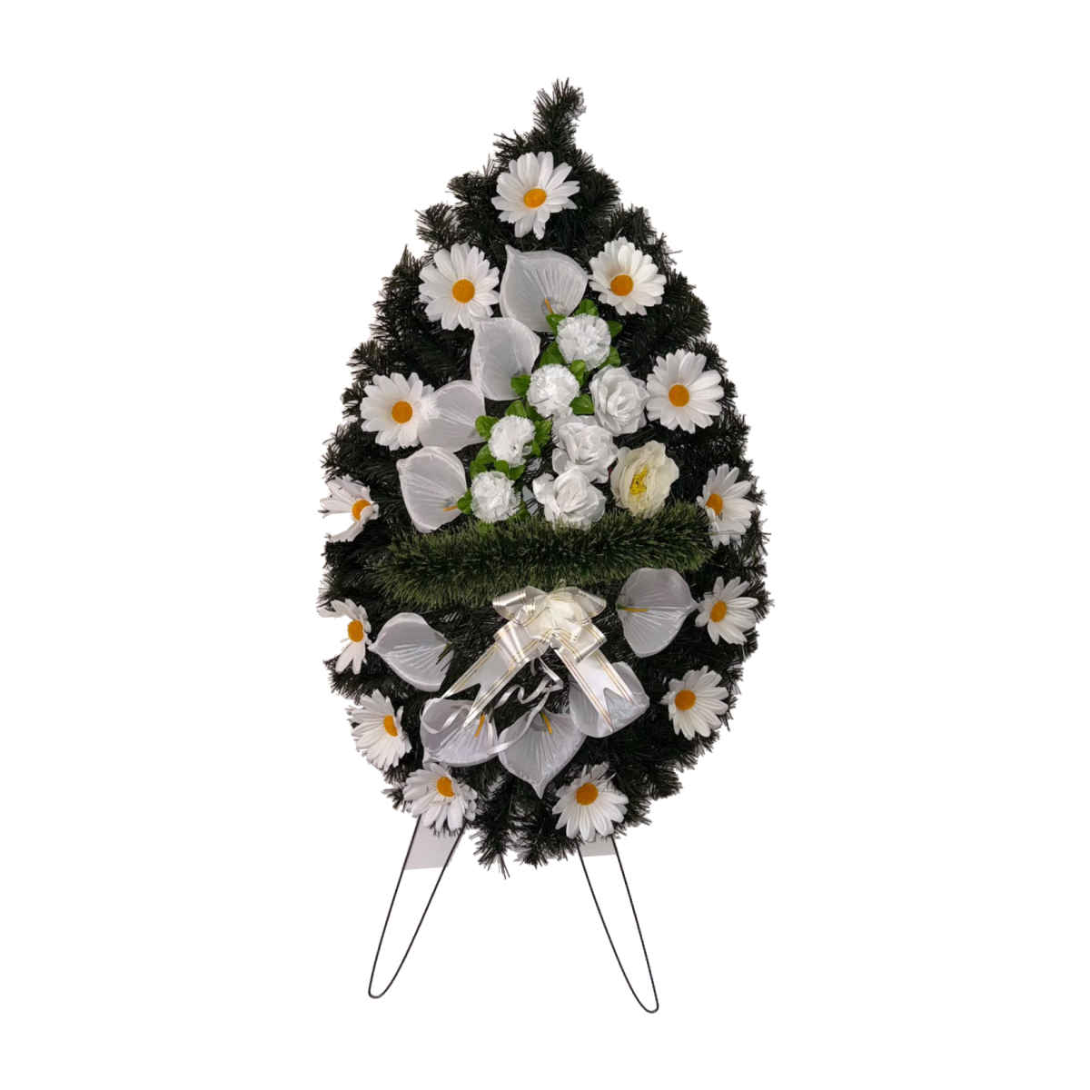 Coroană funerară lacrimă C15, flori albe artificiale