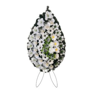 Coroană funerară lacrimă C4 cu flori albe, en-gros