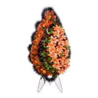 Exclusiv 02 — coroană funerară artificială cu crini portocalii, lucrată manual, 170 cm