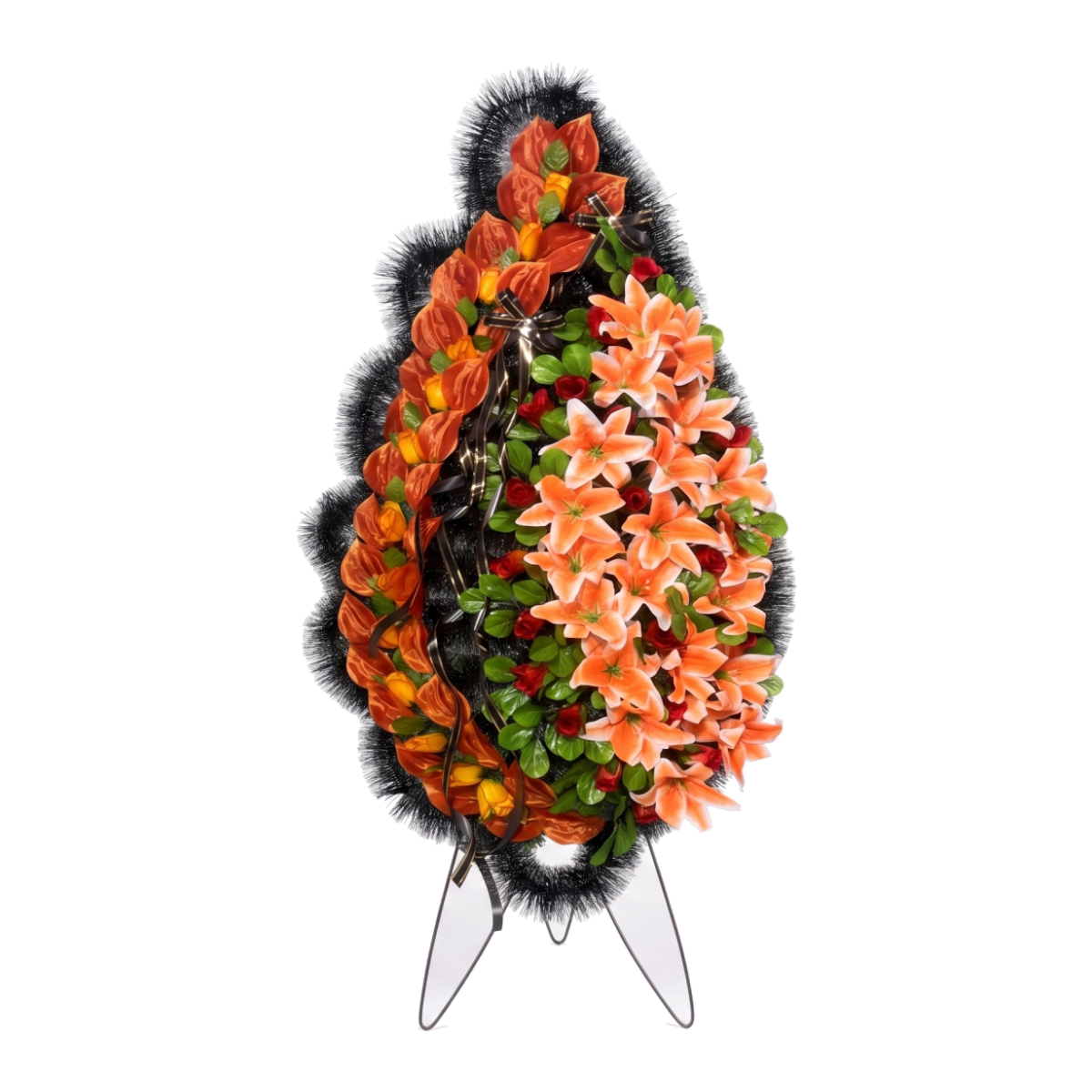 Exclusiv 02 — coroană funerară artificială cu crini portocalii, lucrată manual, 170 cm
